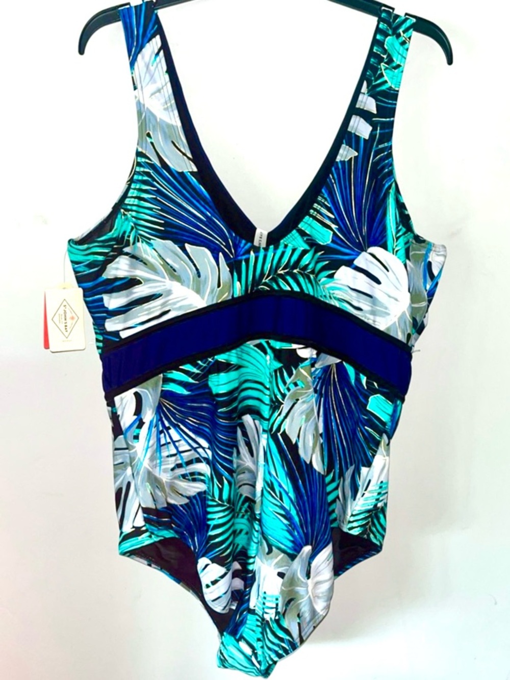 St. John's Bay Women’s Navy Teal Tropical Leaf One-Piece Swimsuit Size 24W NWT - Picture 6 of 10